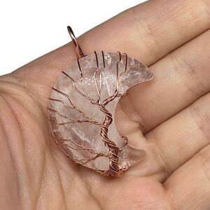 Rose Quartz Crescent Moon Copper Wire Wrapped Wrap Necklace Pendant Boho